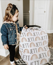 Load image into Gallery viewer, Car Seat Cover / Multi Use Cover - Rainbow browns/golds - The Little Arrows