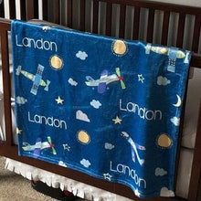 Load image into Gallery viewer, Personalized Plush Blanket - Airplanes - The Little Arrows