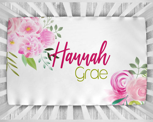 Personalized Crib Sheet - Watercolor Pink Floral - The Little Arrows