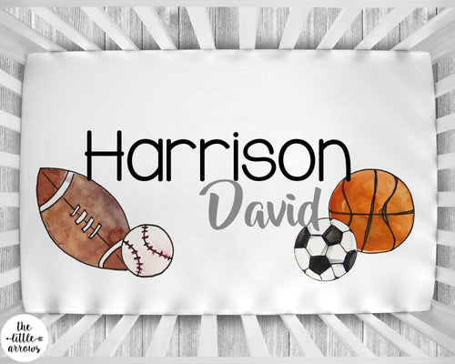Personalized Crib Sheet - Watercolor Sports - The Little Arrows