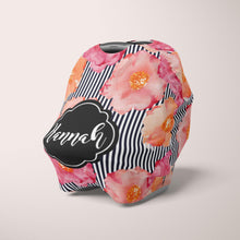 Load image into Gallery viewer, Car Seat Cover / Multi Use Cover - Floral with Black and White Stripes - The Little Arrows
