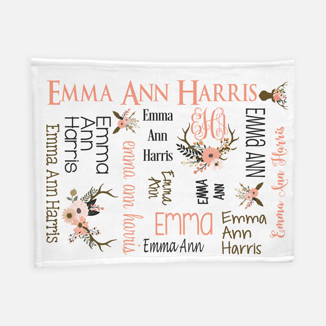Personalized Blanket - Antlers and Flowers