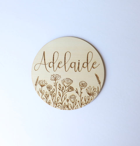 Floral Baby Name Sign - Baby Girl Wood Name Sign - Newborn Name Sign - Leaf Baby Name Disc - Wooden Disc with Name - Announcement Baby Name