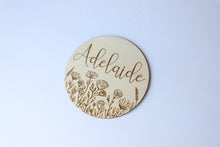 Load image into Gallery viewer, Floral Baby Name Sign - Baby Girl Wood Name Sign - Newborn Name Sign - Leaf Baby Name Disc - Wooden Disc with Name - Announcement Baby Name
