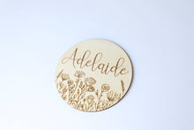 Load image into Gallery viewer, Floral Baby Name Sign - Baby Girl Wood Name Sign - Newborn Name Sign - Leaf Baby Name Disc - Wooden Disc with Name - Announcement Baby Name
