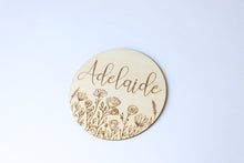 Load image into Gallery viewer, Floral Baby Name Sign - Baby Girl Wood Name Sign - Newborn Name Sign - Leaf Baby Name Disc - Wooden Disc with Name - Announcement Baby Name

