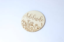 Load image into Gallery viewer, Floral Baby Name Sign - Baby Girl Wood Name Sign - Newborn Name Sign - Leaf Baby Name Disc - Wooden Disc with Name - Announcement Baby Name
