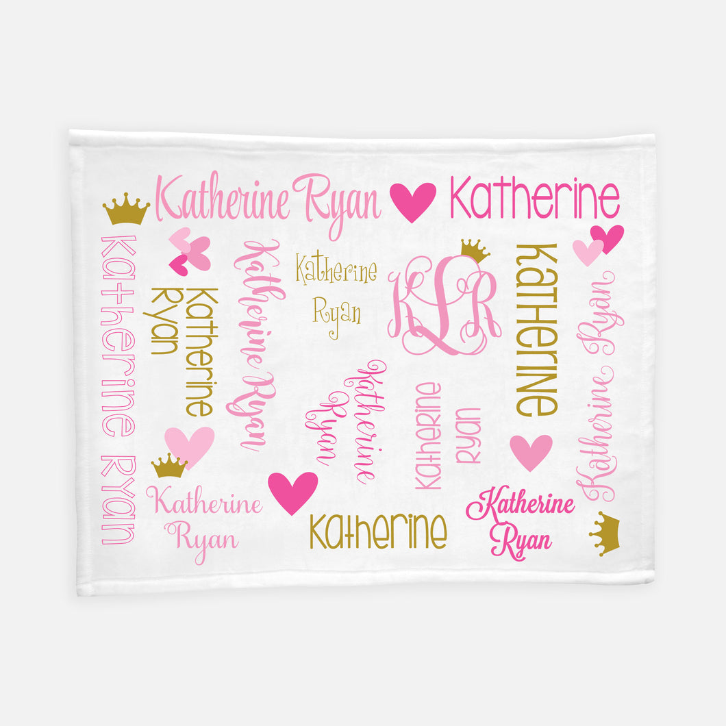 Personalized Blanket - All Over Hearts and Crown